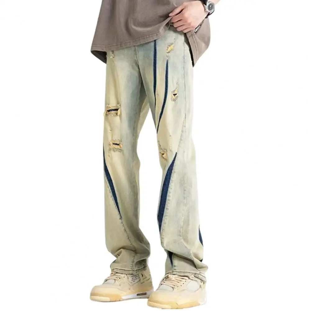 Джинсы мужские прямые из джинсовой ткани потертые джинсы с широкими штанинами на