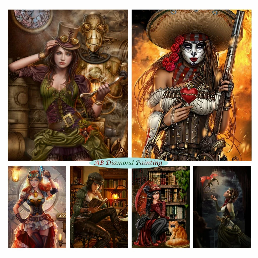 

Gothic Girl 5D Diy AB Drills Diamond Painting Steampunk Woman Huntress Mosaic Art Portrait Cross Stitch Kits Home Decoration