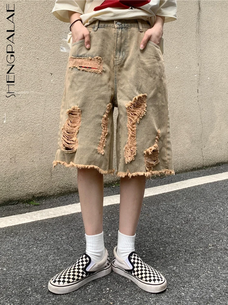

SHENGPAIAE Lovers' Shorts Summer Denim Shorts With Holes 2022 Summer New Washed Yellow Casual Loose Cool Shorts For Women 5Q557