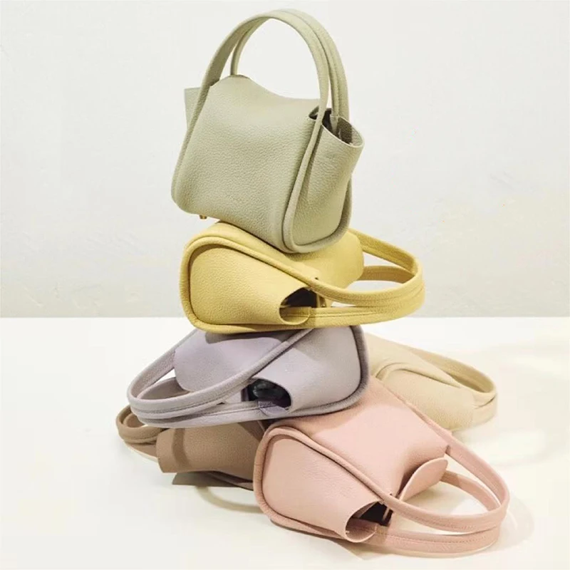 Trendy and fashionable genuine leather Yuanbao bag, single shoulder vegetable basket, top layer cowhide portable crossbody bag