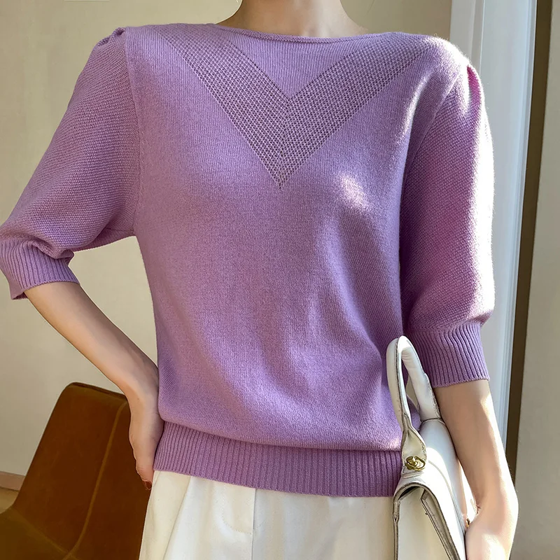 

Весенние женские свитера с коротким рукавом и воротником-лодочкой, новинка, модный вязаный женский пуловер из 100% шерсти, одежда, топы, джемп...