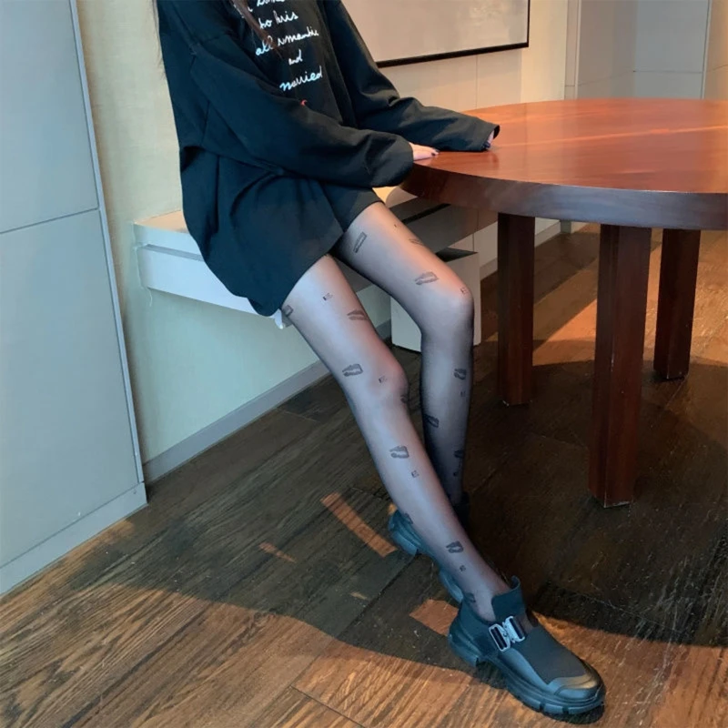 

H9ED Women Sexy Transparent Silky Pantyhose Harajuku Lips Musical Note Patterned Sheer Tights Gothic Punk Jacquard Stockings