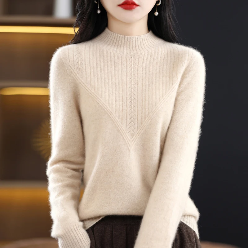 

Women's Pullover 2023 Autumn/Winter New 100% Wool Sweater Casual Knitwear Ladies Top Loose Half Turtleneck Basic Blouse
