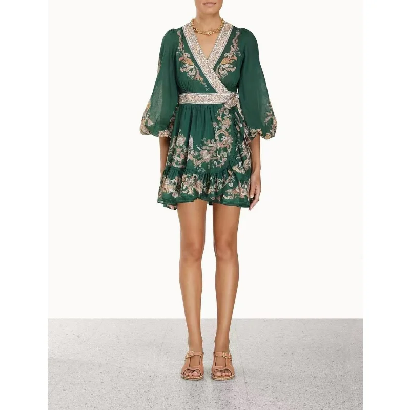 

Женское винтажное мини-платье, Хлопковое платье с запахом, V-образным вырезом и рукавами-фонариками зеленого цвета, 2023
