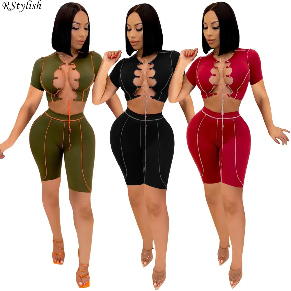

RStylish 2 Piece Shorts Set Cut Out Tie Up Short Sleeve Crop Top Bodycon Mini Short Pants Sets Sexy Summer Outfits Joggers Suit