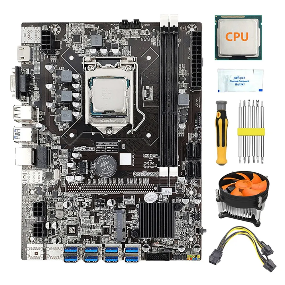 8 GPU B75 BTC Mining Motherboard+CPU+Fan+Thermal Paste+Power Cable+Screwdriver 8X USB 3.0 Slot LGA1155 DDR3 RAM SATA3.0