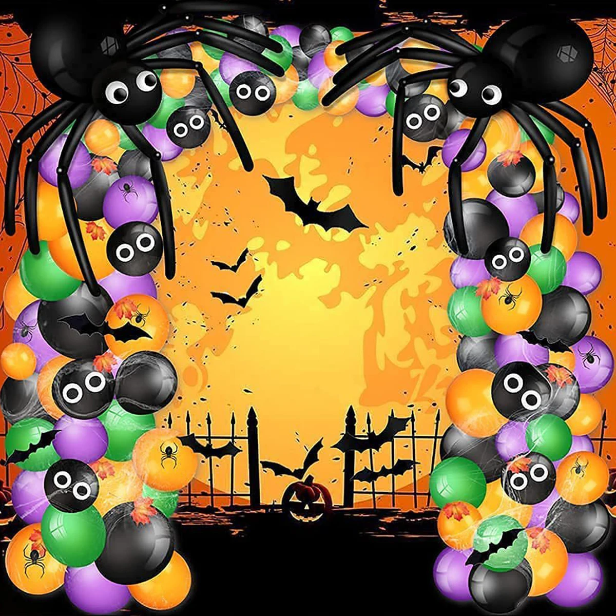 

Воздушный шар на Хэллоуин Гирлянда, арочный комплект, многоразовое украшение для вечеринки, набор черных, оранжевых, фиолетовых, зеленых шаров с 2 пауками, кленовый лист 3D