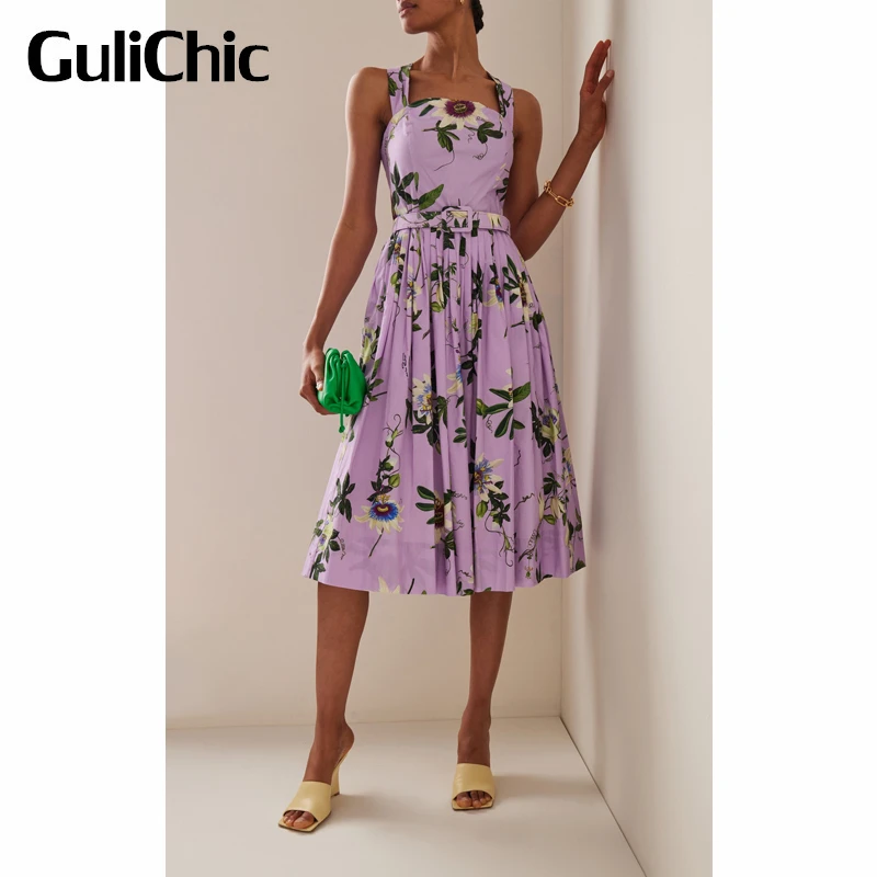 

2.28 GuliChic Women Temperament Floral Print Cotton Square Collar Lace-Up Collect Waist With Belt Midi Dress