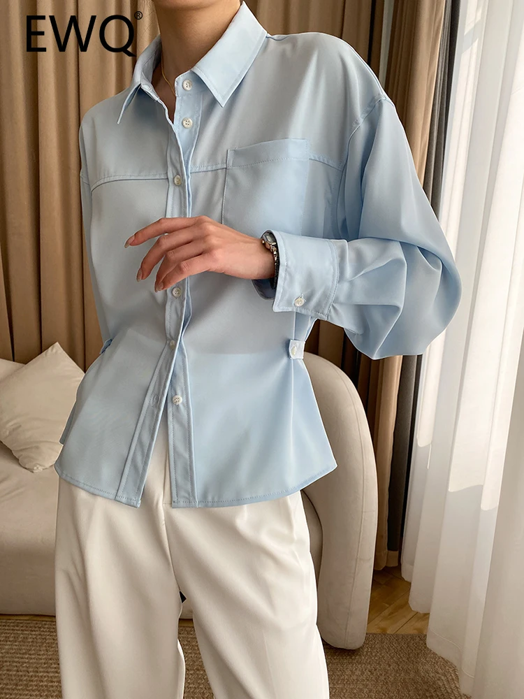 

Женская однобортная рубашка EWQ, Элегантная блузка во французском стиле с присборенной талией, отложным воротником и длинным рукавом, весна 2023