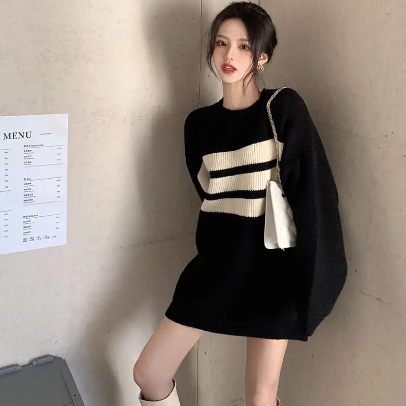 

Lazy Style Design Sweater Women's 2022 Autumn And Winter New Loose Striped Mid-Length Knitted Sweater Top Fashion Pullover