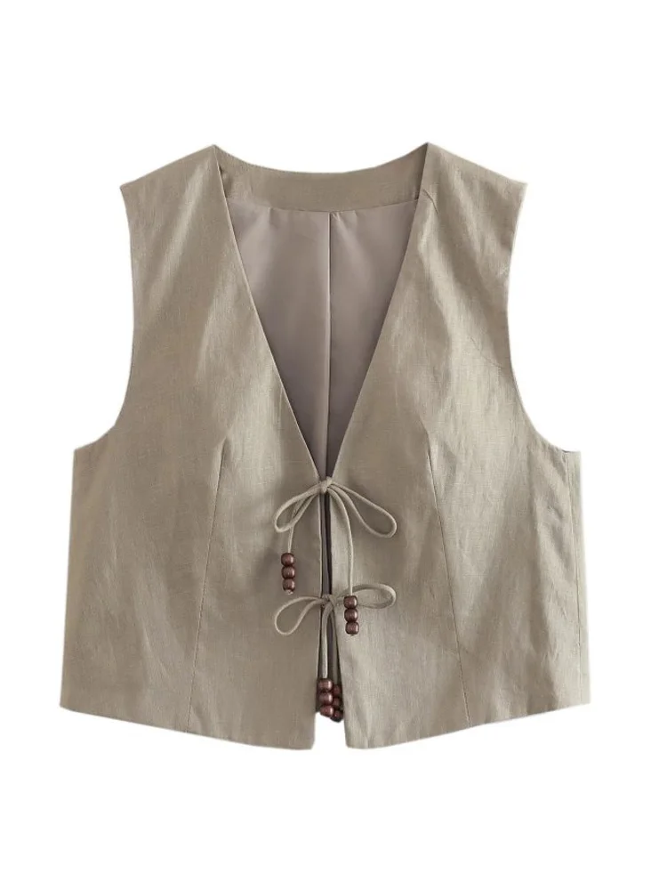 

Kumsvag 2023 Women Summer Linen Vests Coats Casual Solid V-Neck Drawstring Bow Beading Female Elegant Street Waistcoat Clothing
