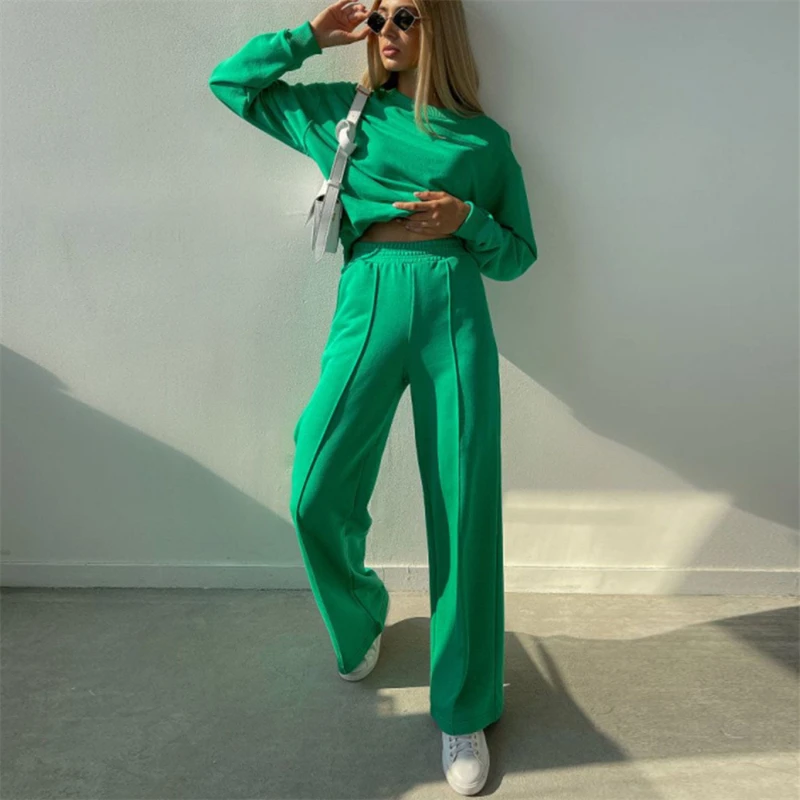 

Autumn Winter Women's Suit Solid Long Sleeve O-Neck Hoodie Casual Suit Streetwear Fashion Two Piece Set Loose Trousers Pockets