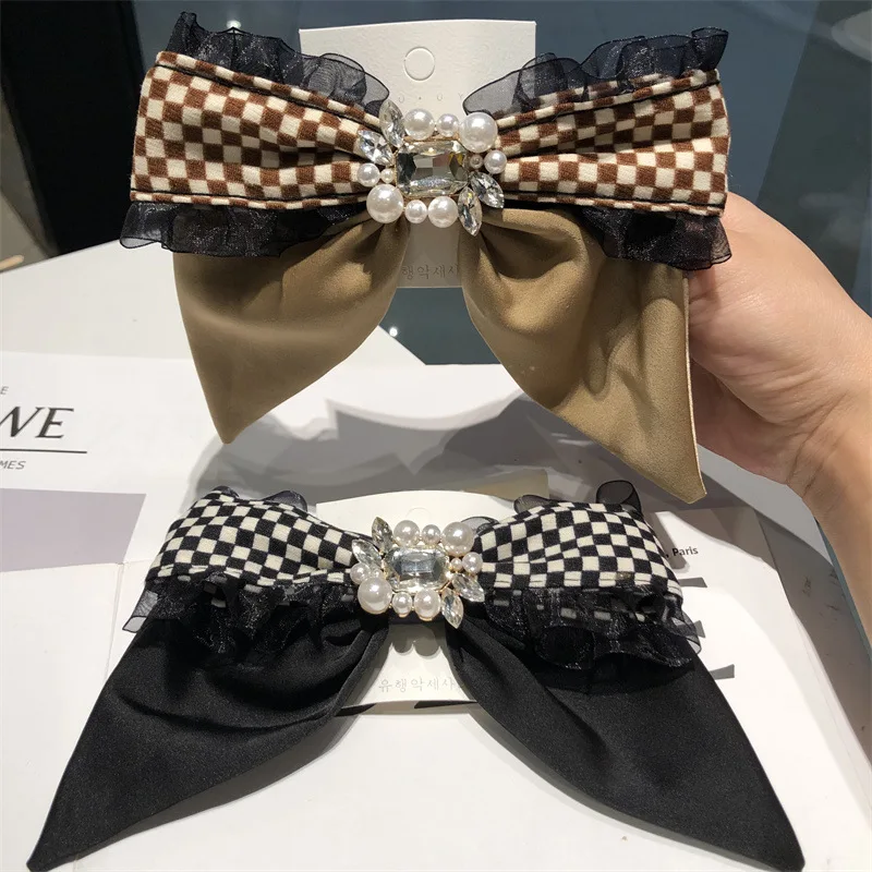 

Верхняя заколка элегантные Стразы шахматный бант аксессуары для волос корейские заколки для волос повязка на голову