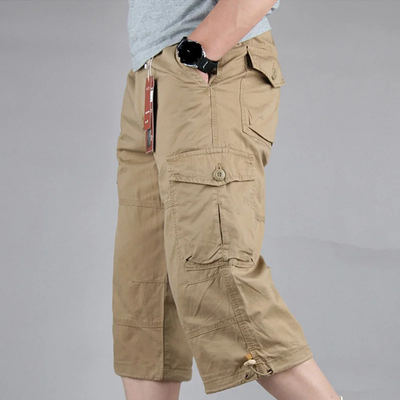 Шорты-карго мужские длинные в стиле милитари, хлопковые повседневные штаны с множеством карманов, армейские бриджи, лето