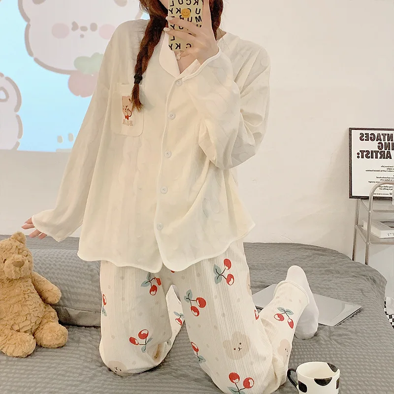 Yasuk Spring Autuum Fashion Women's Casual Sleepwear Homewear Lovely Sweet Girl Pajamas With Pants Soft Simple Bear Kawaii