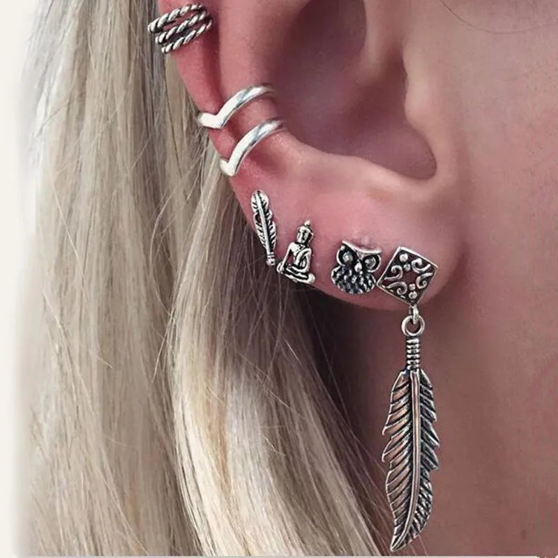 

Fashion 7PCS Boho Earrings Set Feather Buddha Owl Leaves Moon Ancient Silver Color Stud Earring Ear Cuff Vintage Beach Jewelry