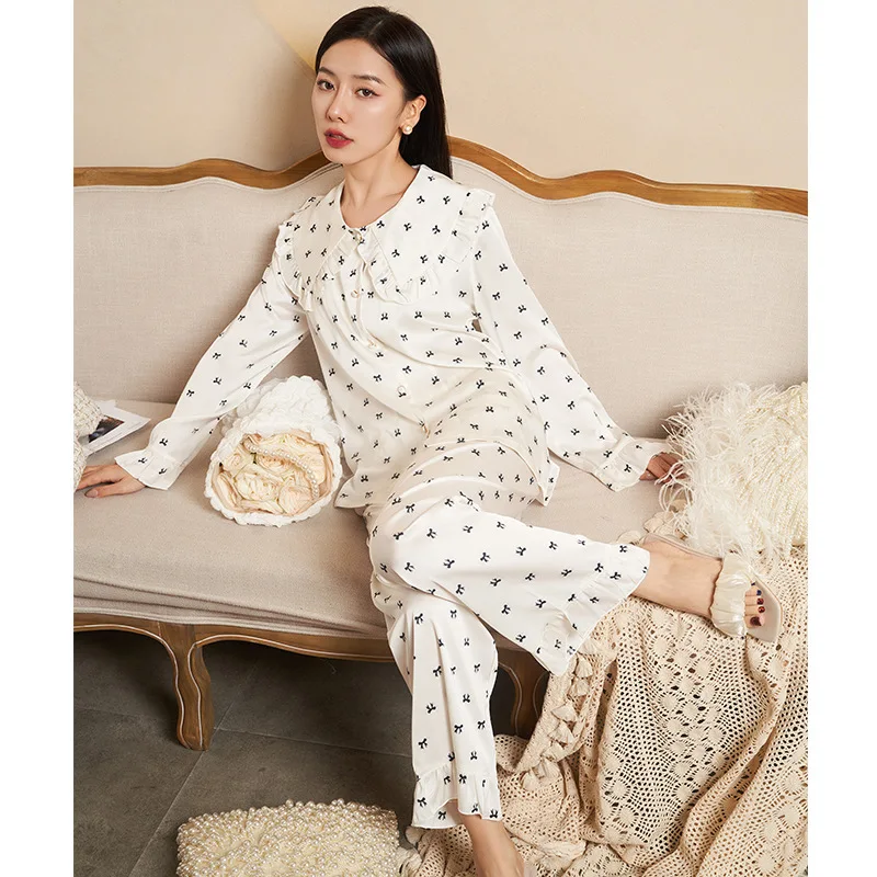 2023 New Arrival Spring and Autumn Lotus Leaf Collar Small Bowknot Ice Silk Pajamas Women's Long-Sleeved French Style Outerwear