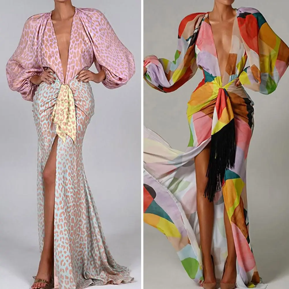 

Women Elegant Print Bohemian Long Dress Fashion Female Y2K Long Lantern Sleeve V Neck Belt Vacation Dress High Slit