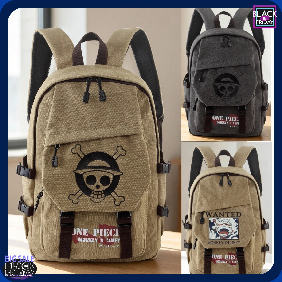 Фото Рюкзак из холщовой ткани One Piece, 45×33 см, сумка для ноутбука 14 дюймов, вместительный рюкзак для путешествий на открытом воздухе, школьный рюкзак для студентов №1