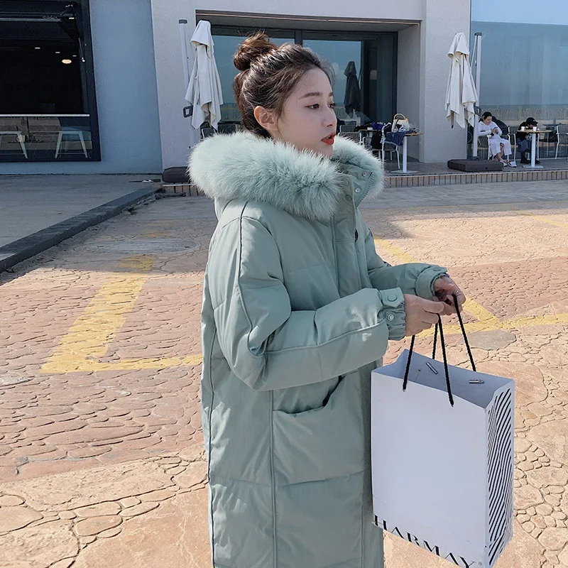 Women Button Decor Hooded Thick Zipper Coats Outerwear Fashion Winter Warm Faux Fur Collar Long Parkas Jackets for Female 2021