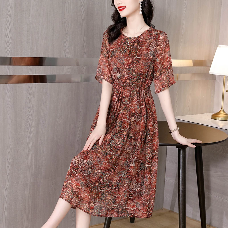 

2023 Summer New Silk Flower Printed Chiffon Dress Women's Short Sleeve Loose Large O-Neck Waist Slim Long Dress Robe