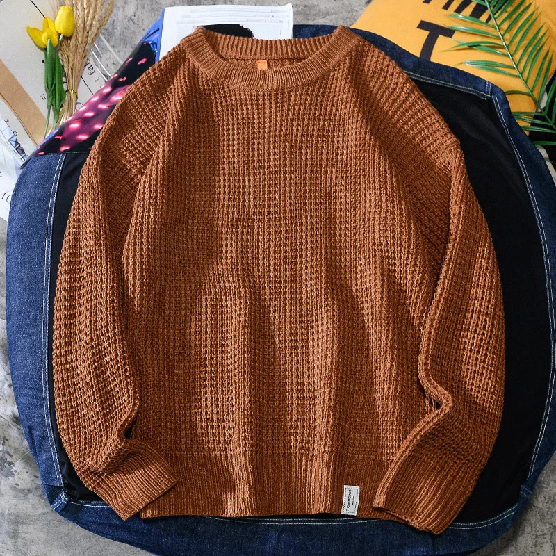 Solid Color Simple Long Sleeve Pullover Waffle Knitting Sweater Men Autumn Clothing Fashion Korean Style Streetwear Men Clothing