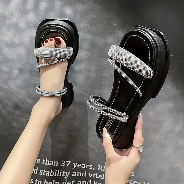 Rhinestone slippers women's summer outdoor wear 2023 new women's thick bottom casual beach sandals
