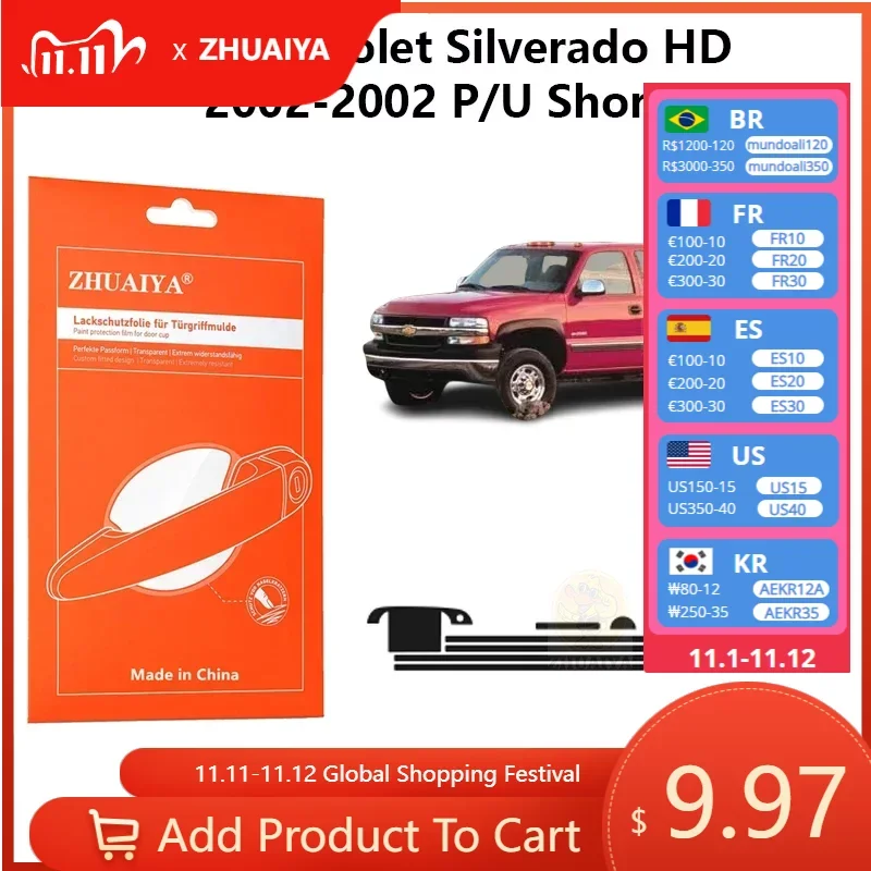 

Защитная пленка ZHUAIYA для красок дверной ручки, ТПУ PPF для Chevrolet Silverado HD 2004-2002 P/U, короткая