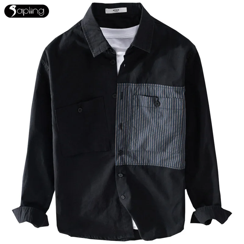 

Spring Autumn Stitching Shirts Men Japanese Striped Shirt Men's Casual Retro Shirt Fashion Patchwork Men Top Loose Street Wears
