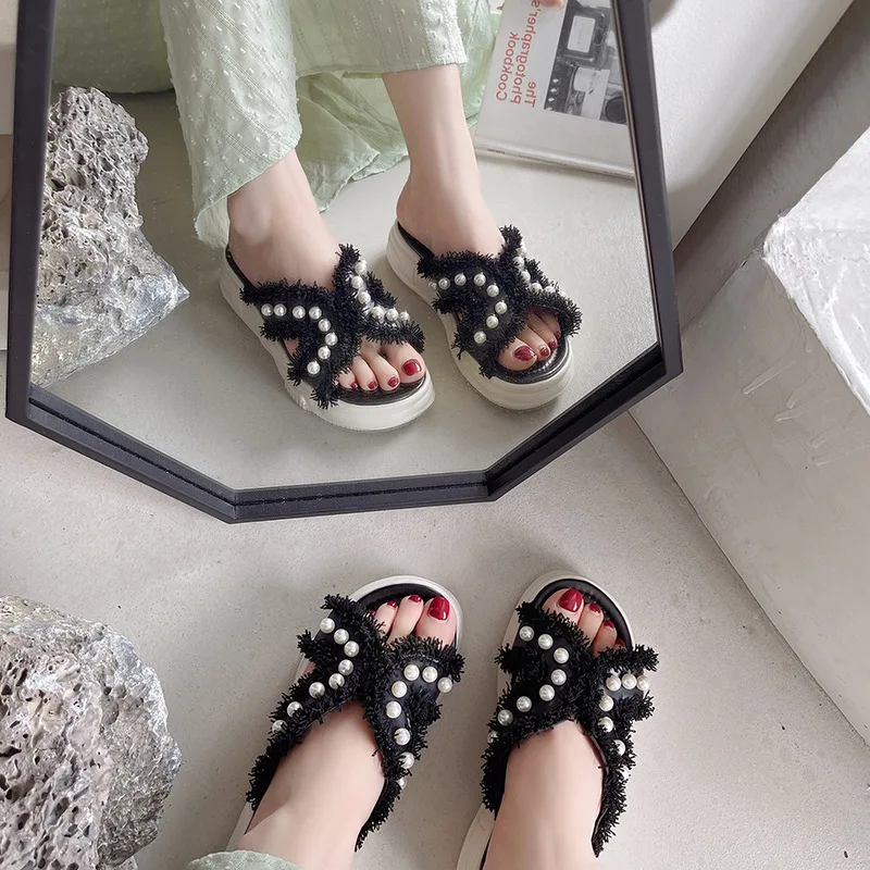 Canvas Pearl Slippers Women's Summer Shoes Fashion New Thick Sole Soft Sole Net Red Slippers