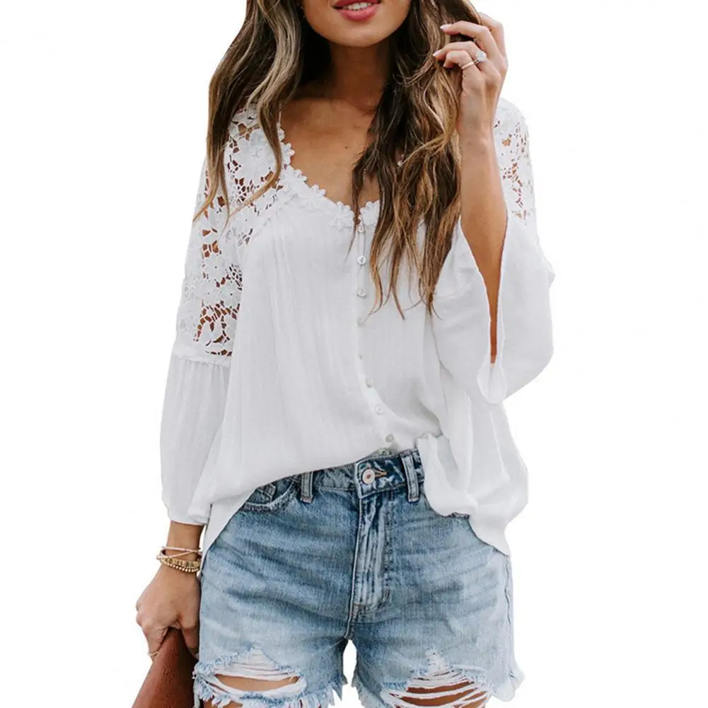 

Stylish Loose Blouse Hollow Out Buttons Loose Solid Color Flare Sleeve Shirt