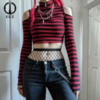 red striped zipper basic t shirts punk e girl aesthetic bodycon casual crop tops long sleeve goth dark grunge open shoulder tee