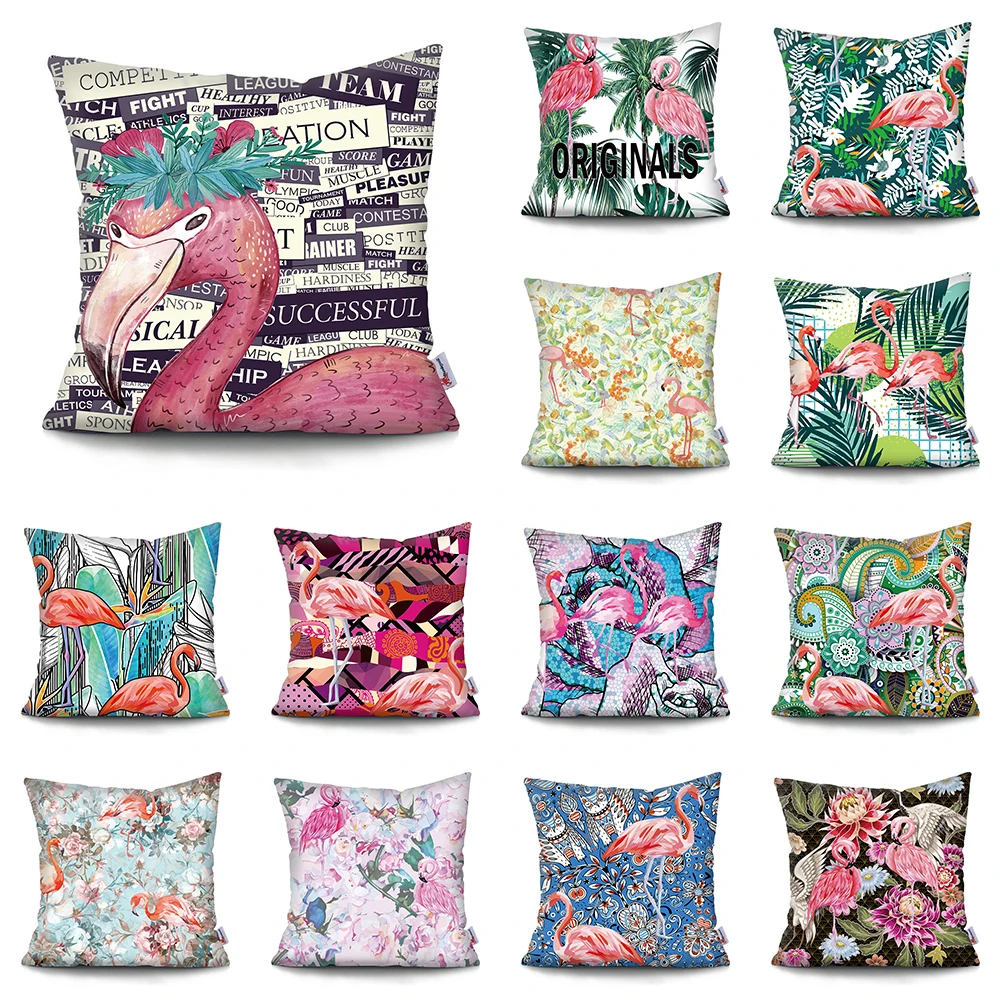 Pink Flamingo Pillow Cushion Tropical plants Home Decoration Pillowcase Romantic Lover Super Soft Short Plush Cushion Cover Fund