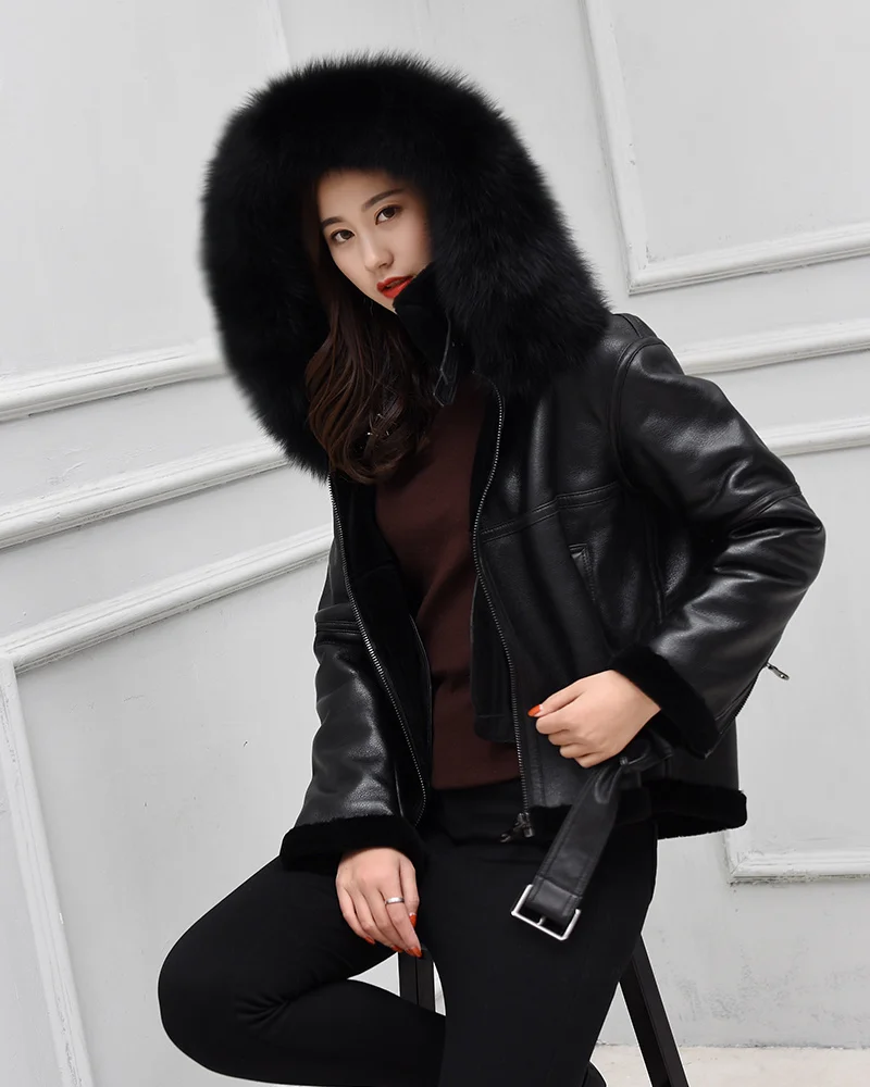 

2023Hot Sale Genuine Leather Jacket Natural Sheep Shearling Fur Coat Winter Jacket Women Fox Fur Collar 100% Real Sheepskin Coa