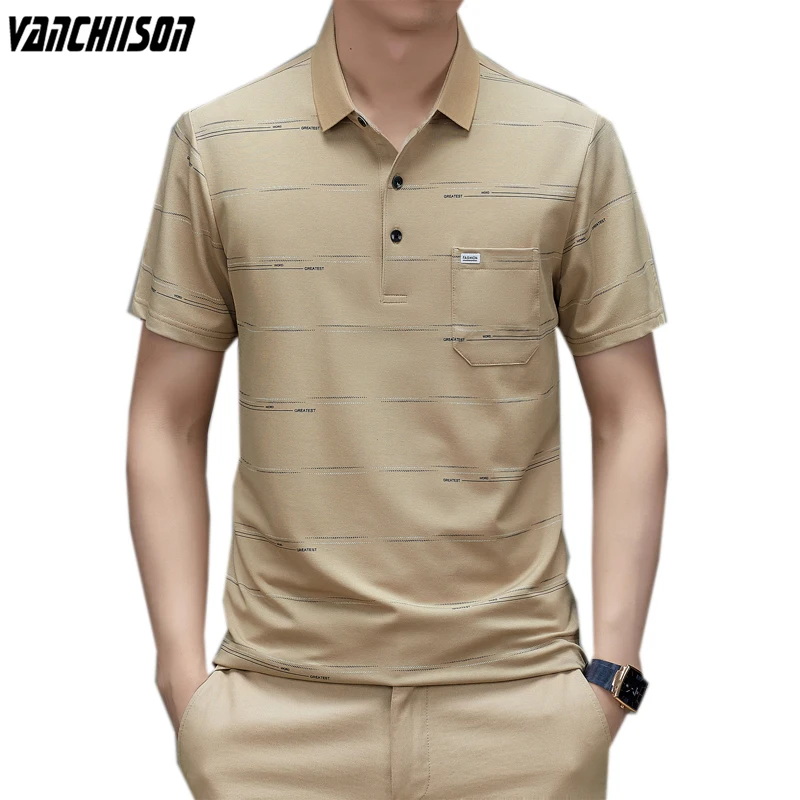 

Рубашка-поло мужская с коротким рукавом, модная повседневная одежда в полоску, цвета хаки, розовый, зеленый, с карманами, лето 8322