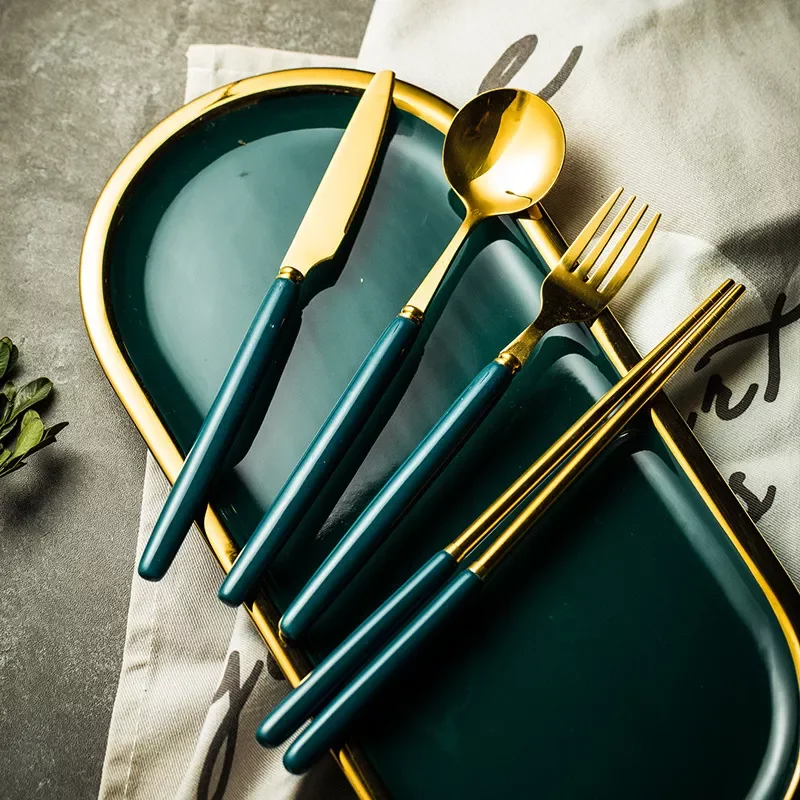 

NEW2022 Gold Cutlery Set Forks Spoons Knives Tableware Set Stainless Steel Dinnerware Set Chopstick Spoon Knife Fork Chopsticks