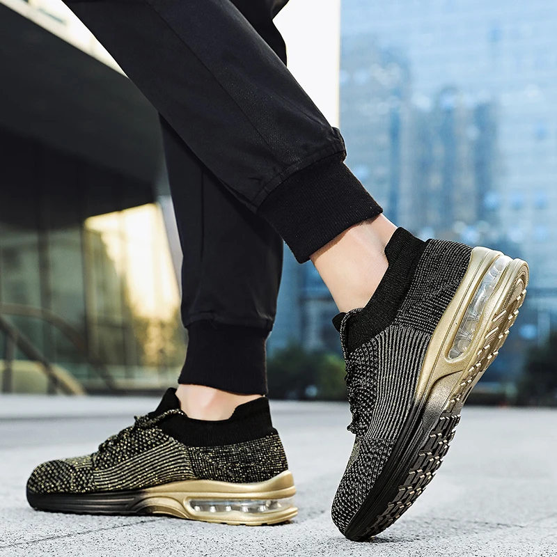 Fashion Mens Sneaker Light Breathable Running Shoes Knitting Air Cushion Lace Up Tennis Sports Shoes