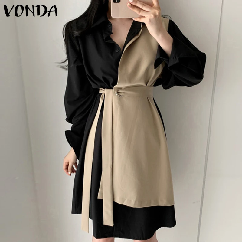 

Женское плиссированное платье VONDA, Повседневное платье с длинным рукавом, Дамское лоскутное платье с воротником с отворотом, цветные платья...