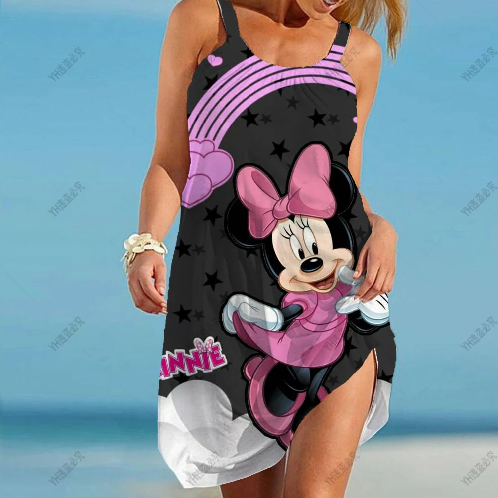

Платье женское пляжное без рукавов, элегантная свободная ночная рубашка с мультяшным принтом Минни Маус, пикантная ночная рубашка с диснеевским принтом