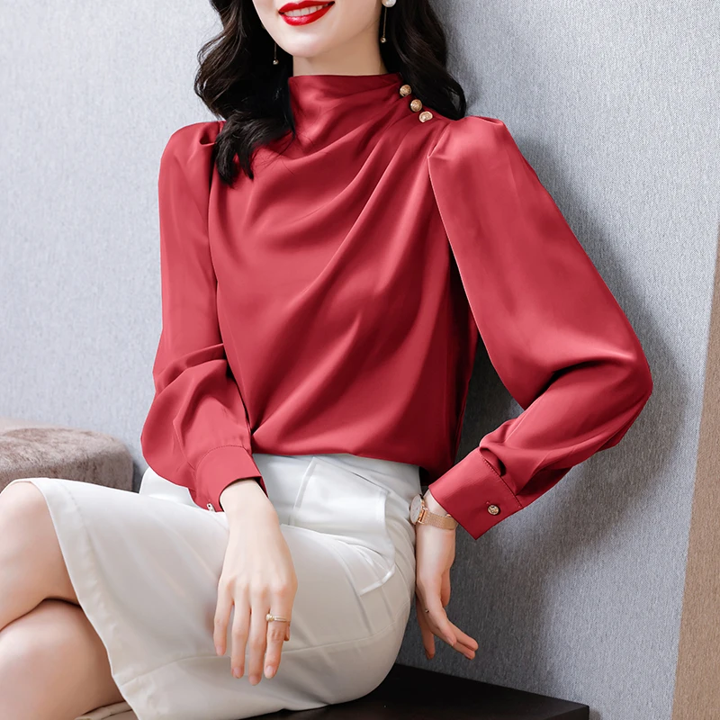 

Блузка женская однотонная на пуговицах, Шелковый топ для офиса со складками, с воротником-стойкой, Базовая рубашка с длинным рукавом, осень