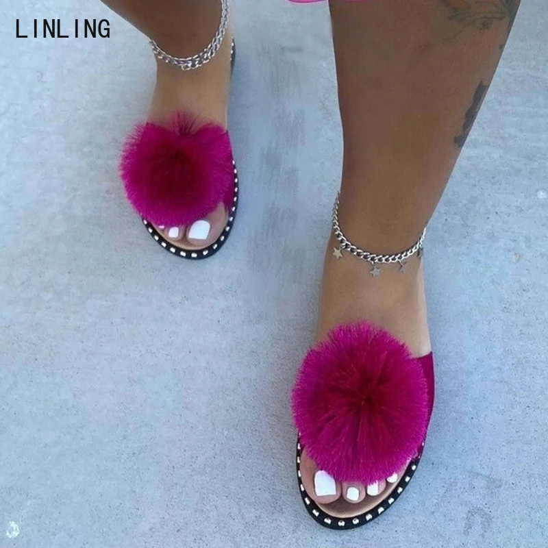 

2022 Fur Women Slippers Open Toe Ladies Summer Flats Heel Casual Shoes Sewing Beach Slides