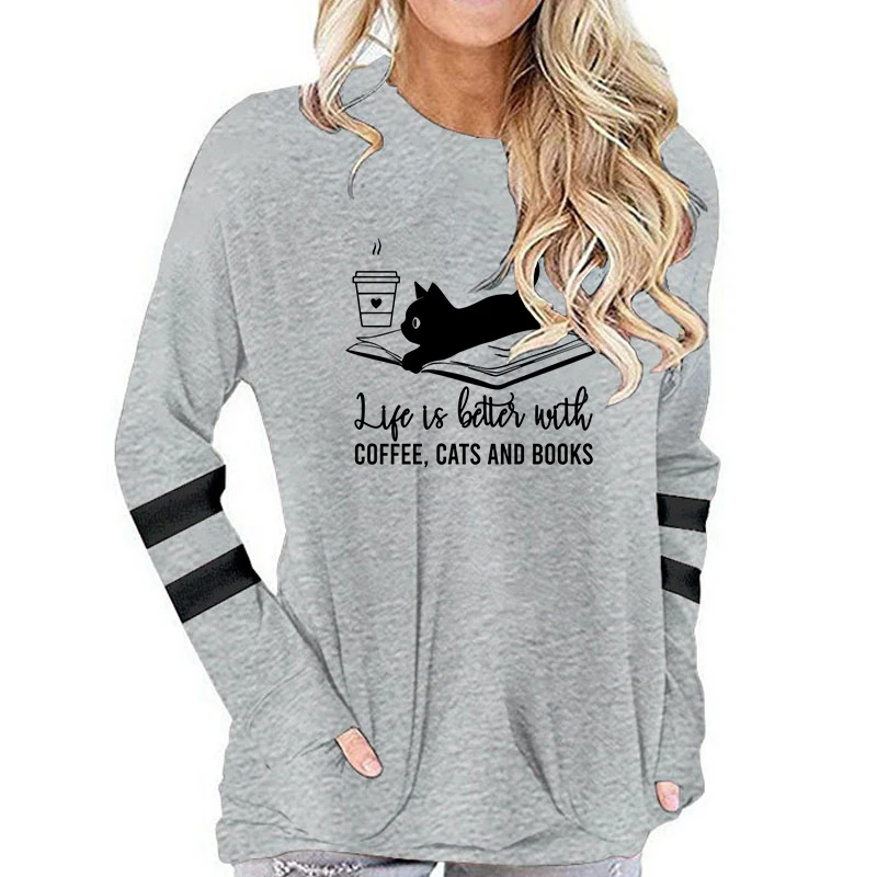 Женская хлопковая футболка с длинным рукавом принтом кофейного кота и книг