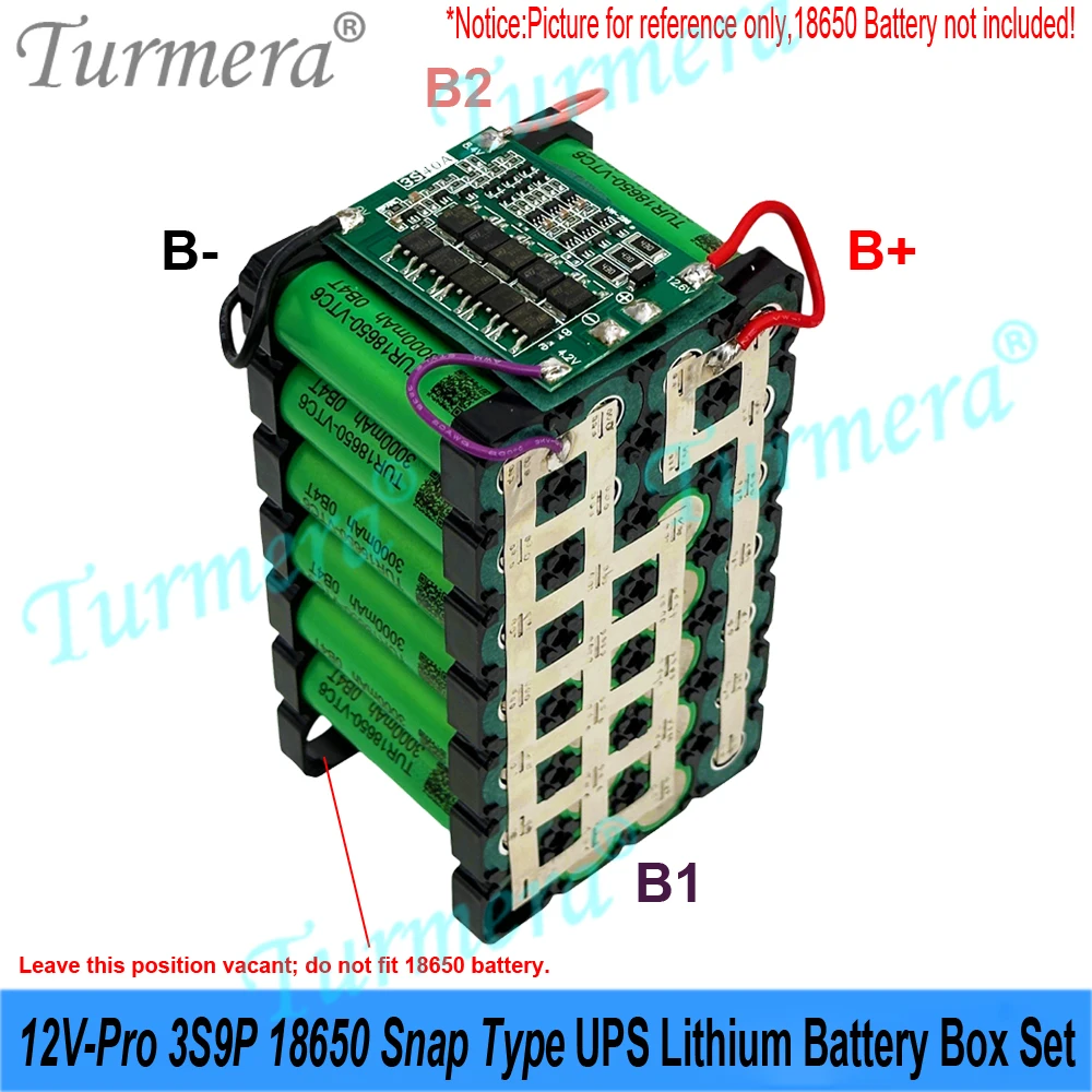 Фото Комплект аккумуляторного блока Turmera DIY 12V Pro 18650 3S9P 40A BMS с дисплеем напряжения и емкости, 2*USB 5V, двухканальный, с функцией Power Bank №5