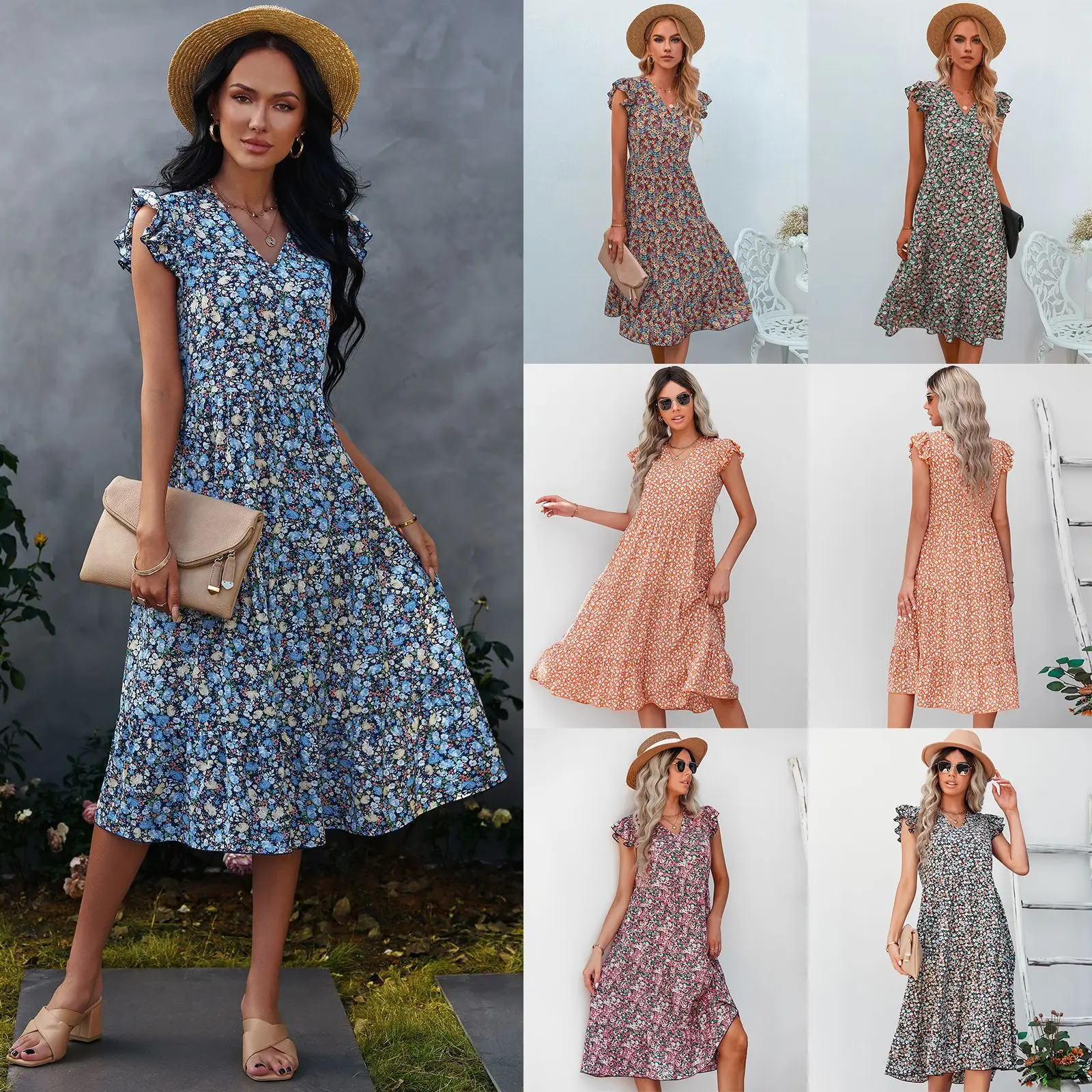 

Summer Spring 2022 Women's Midi Dress Sexy Elegant Casual Fashion Vintage With Floral Pattern Ruffle V-Neck Fairy Clothing Loose