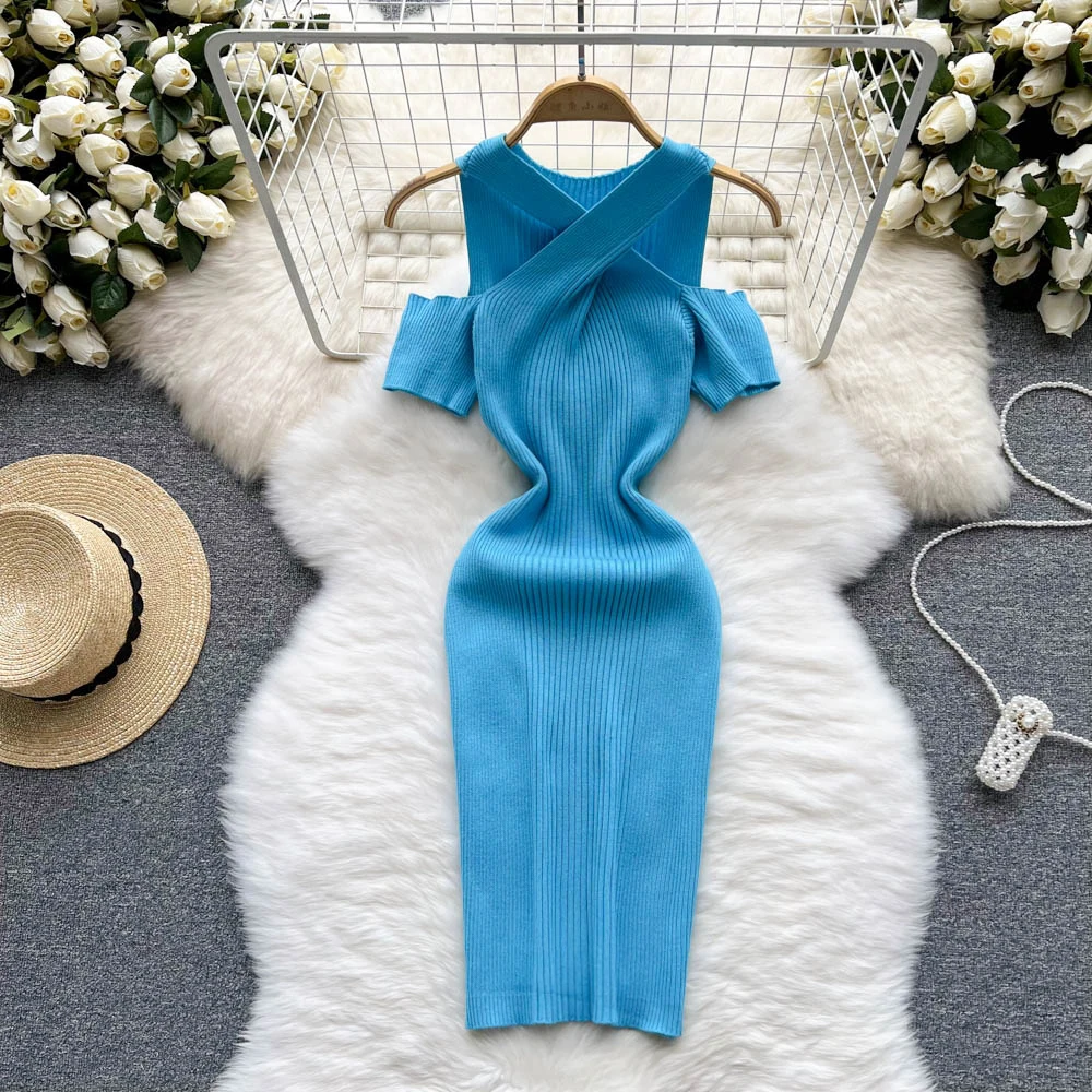 

Шикарное облегающее платье с вырезом, пикантные вязаные платья, облегающее платье с открытыми плечами, женское платье с коротким рукавом, п...