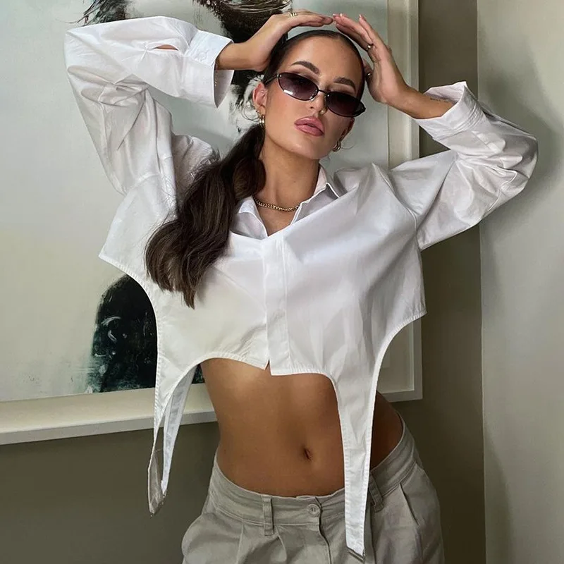 

Hip Hop High Street Blouse U Shaped Hem with Metal Buttons Long Sleeve T-Shirt Lapel Single-breasted Loose Casual Short Crop Top