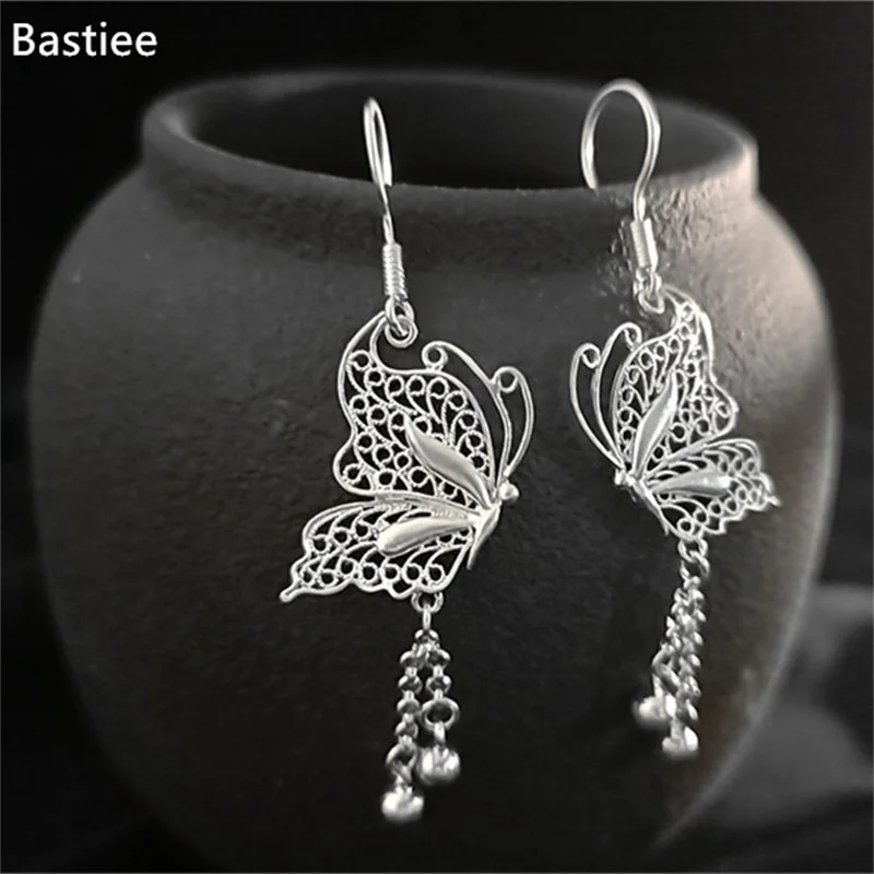 

Bastiee S999 Sterling Silver Drop Earrings Chinese Ethnic Butterfly Handmade Miao Eardrop Women Ancient Han Costume Accessories