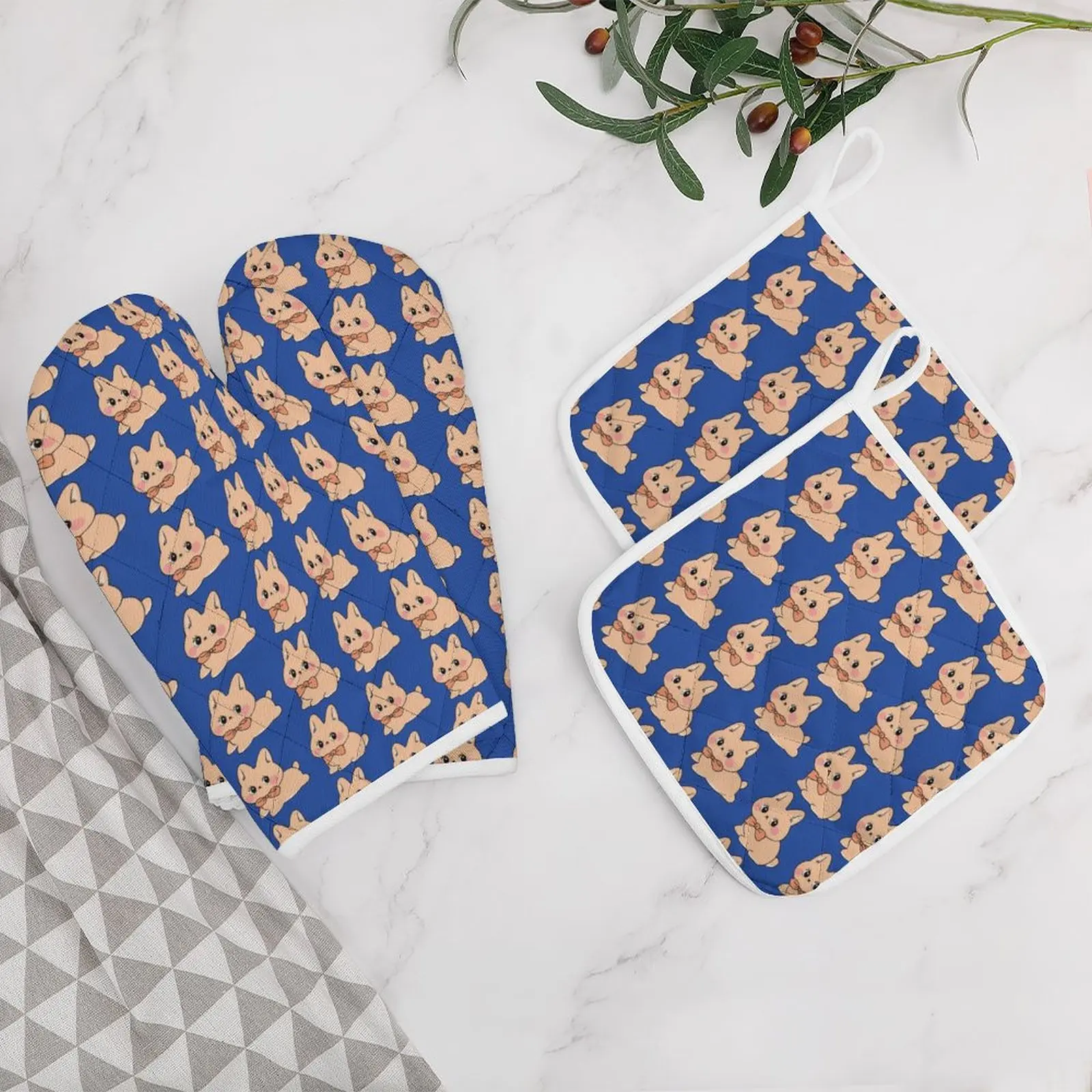

Cartoon-bunny-dark Blue-repeat Oven Mitts and Pot Holders Heat Resistant Oven Gloves for Kitchen Safe Cooking Baking Grilling