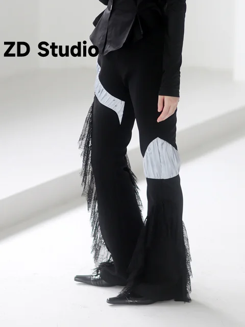 

[ZD Studio] High Waist Black Irregular Ruffles Long Tassels Pants New Loose Fit Trousers Women Tide Spring Autumn 2023
