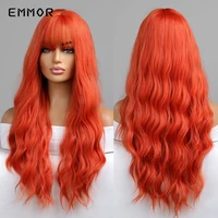 emmor synthetic long water wave hair wigs natural dark red wigs with bangs for women cosplay heat resistant fiber wig